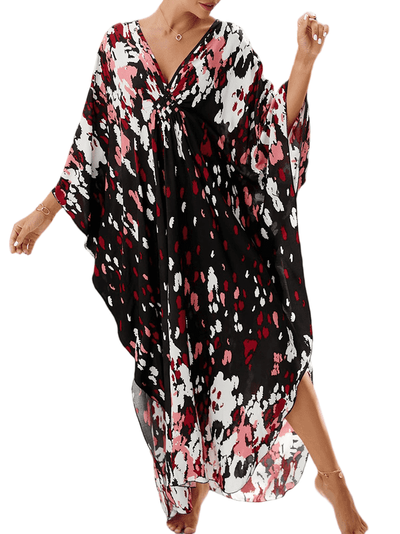 Women's Dress Summer Long Sleeve V-Neck Loose Flowing Print Bohemian Maxi Dress Free Size