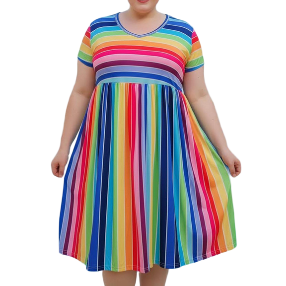 Cuteduck Plus Size Dresses for Curvy Women Summer Short Sleeve Dress Rainbow Striped V Neck Casual Dress with Pockets 1X-5X