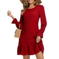 thumbnail image 1 of Cuteduck Women's Fall Casual Long Sleeve Dress Ribbed Round Neck Loose Boho Midi Ruffle Dress S-2XL, 1 of 7