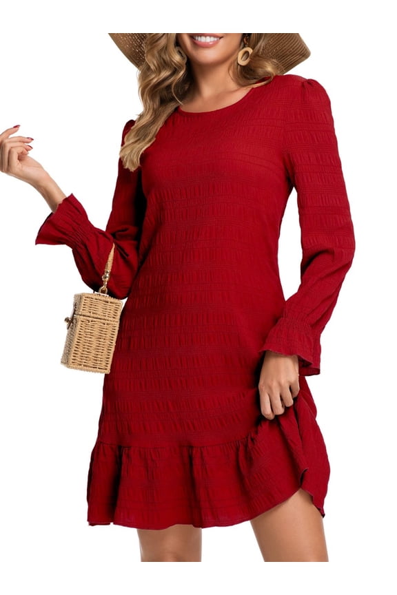 Women's Fall Casual Long Sleeve Dress Ribbed Round Neck Loose Boho Midi Ruffle Dress S-2XL