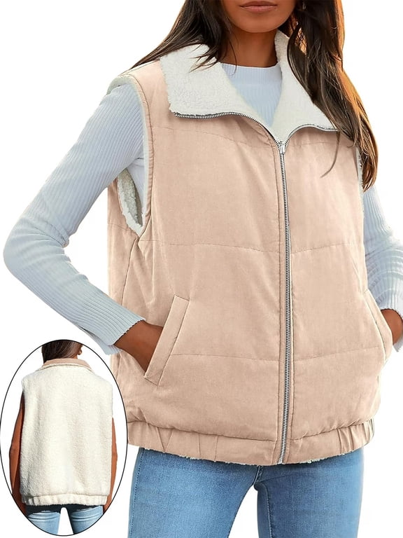 Women's Fleece Vest Zipper Reversible Jacket Fall Coat S-2XL