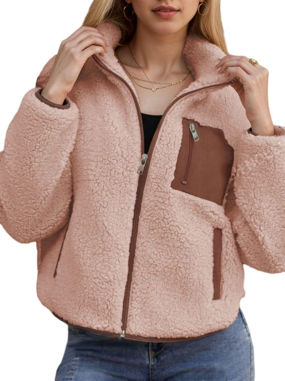 Women's Full Zip Fleece Jacket Winter, Long Sleeve Polar Fleece Coat Stand Collar with Hand Warmer Pockets, Midweight Cold Weather Layering Jacket S-2XL
