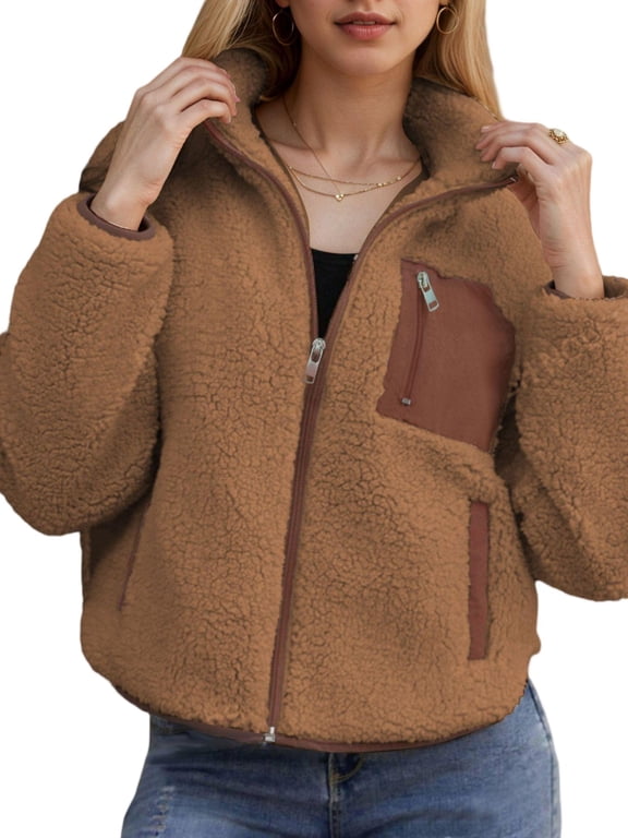 Women's Full Zip Fleece Jacket Winter, Long Sleeve Polar Fleece Coat Stand Collar with Hand Warmer Pockets, Midweight Cold Weather Layering Jacket S-2XL
