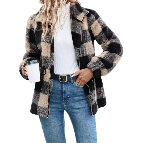 Cuteduck Women's Fuzzy Plaid Cardigan Coat – Lapel Zip Up Double-Sided Sherpa Fleece Mid-Length Jacket S-XL