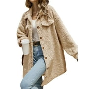 Cuteduck Women's Long Sleeve Fleece Coat Lapel Button Down Long Cardigan Jackets Warm Winter Outwear S-XL