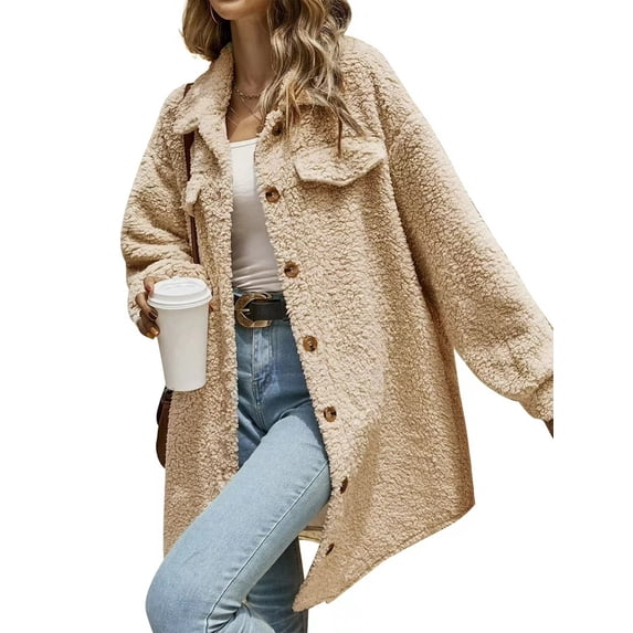 Cuteduck Women's Long Sleeve Fleece Coat Lapel Button Down Long Cardigan Jackets Warm Winter Outwear S-XL