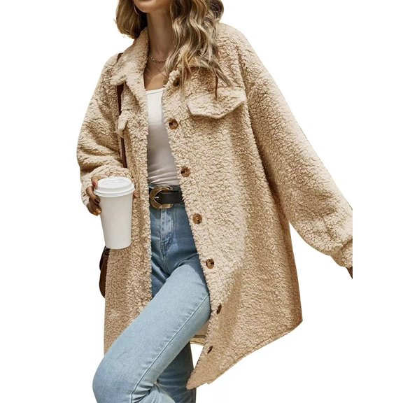 Cuteduck Women's Long Sleeve Fleece Coat Lapel Button Down Long Cardigan Jackets Warm Winter Outwear S-XL
