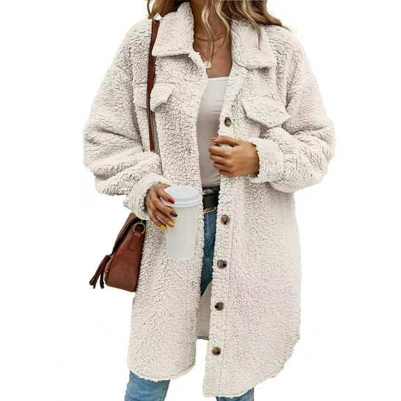 Cuteduck Women's Long Sleeve Fleece Coat Lapel Button Down Long Cardigan Jackets Warm Winter Outwear S-XL