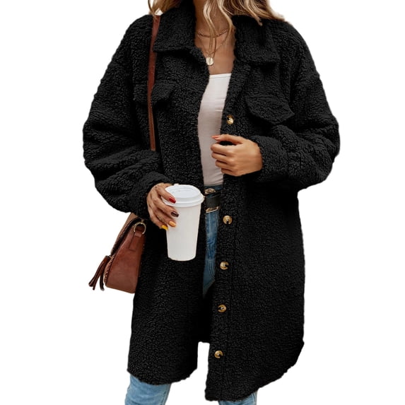 Cuteduck Women's Long Sleeve Fleece Coat Lapel Button Down Long Cardigan Jackets Warm Winter Outwear S-XL