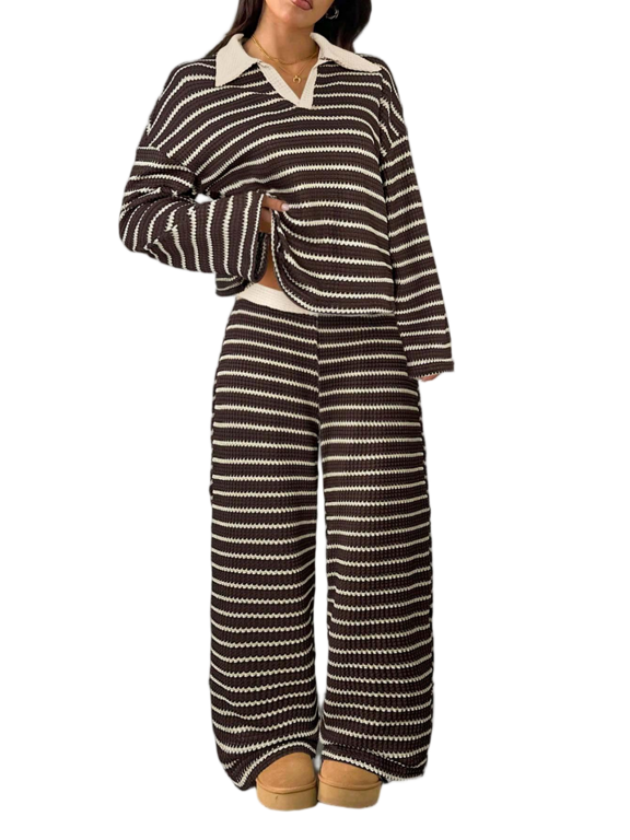 Women's Loungewear Sets Fall Spring Long Sleeve V Neck Loose Fit Color Block Striped Casual Two-Piece Outfits S-XL