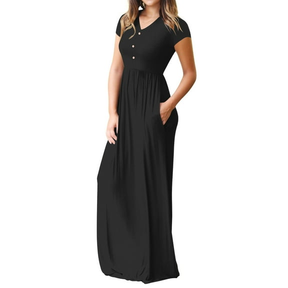 Cuteduck Women's Maxi Dresses Short Sleeve Long Casual Dresses Loose Plain with Pockets S-XXL