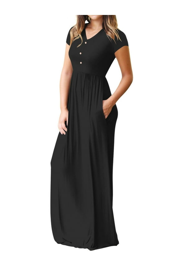Women's Maxi Dresses Short Sleeve Long Casual Dresses Loose Plain with Pockets S-XXL
