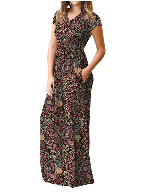 Women's Maxi Dresses Short Sleeve Long Casual Dresses Loose Plain with Pockets S-XXL