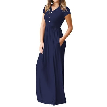 Cuteduck Women's Maxi Dresses Short Sleeve Long Casual Dresses Loose Plain with Pockets S-XXL
