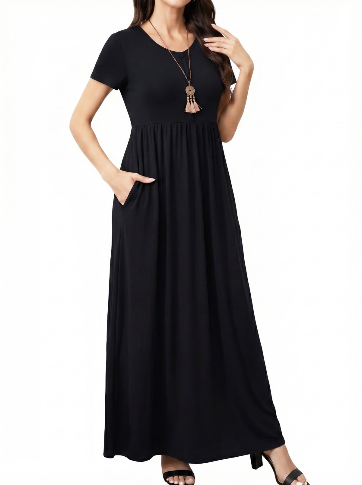 Women's Maxi Dresses Short Sleeve Long Casual Dresses Loose Plain with Pockets S-XXL