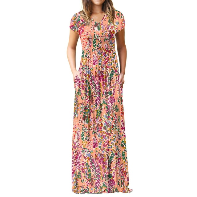 Cuteduck Women's Maxi Dresses Short Sleeve Long Casual Dresses Loose ...