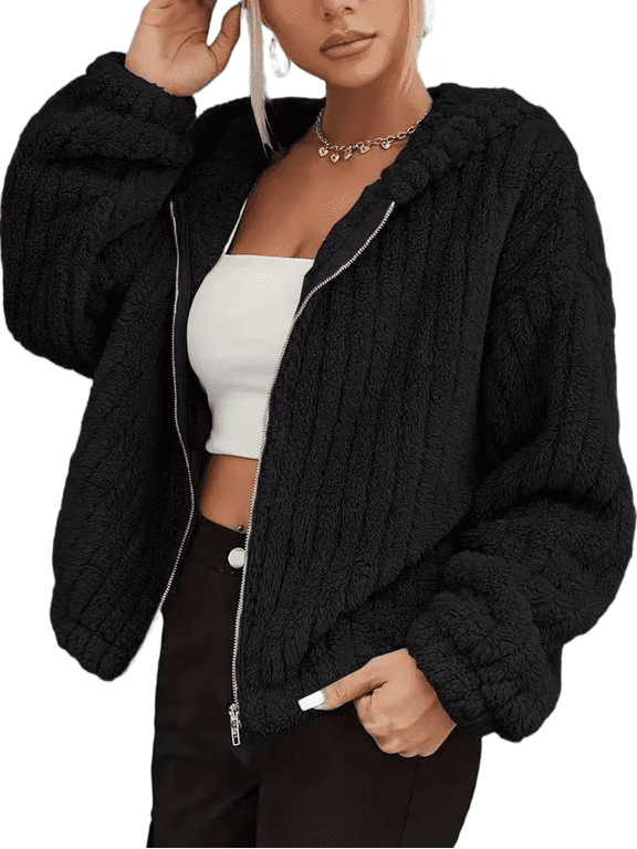 Women's Oversized Plush Sherpa Jacket – Hooded Zip Up Double-Sided Fuzzy Coat with Decorative Ears S-2XL