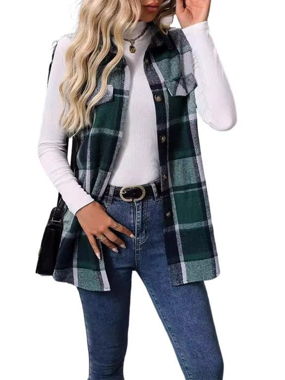 Women's Plaid Sleeveless Vest Blazer Notched Lapel Sleeveless Jacket S-2XL