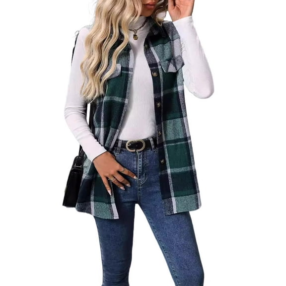 Cuteduck Women's Plaid Sleeveless Vest Blazer Notched Lapel Sleeveless Jacket S-2XL