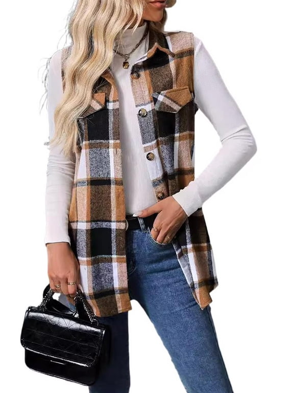 Women's Plaid Sleeveless Vest Blazer Notched Lapel Sleeveless Jacket S-2XL