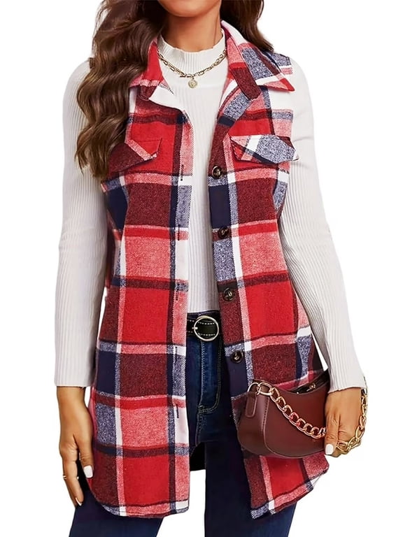 Women's Plaid Sleeveless Vest Blazer Notched Lapel Sleeveless Jacket S-2XL