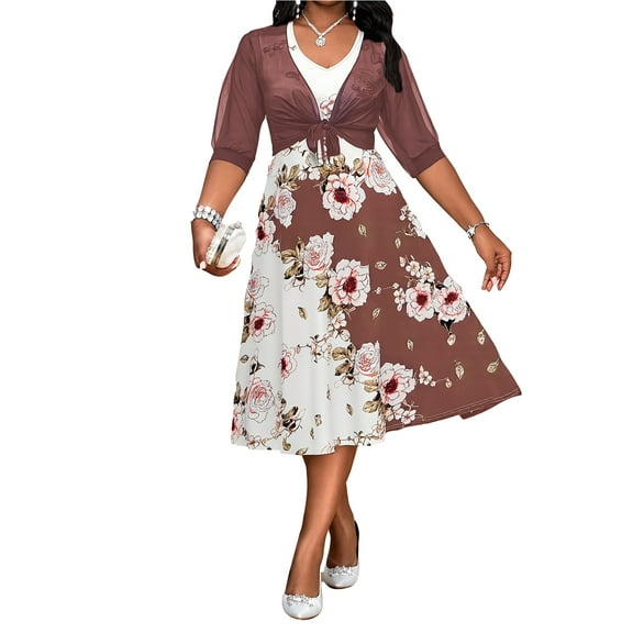 Cuteduck Women's Plus Size A-Line Dress - Fuchsia Short Sleeve Floral Print, Summer Casual & Party Wear 1X-5X