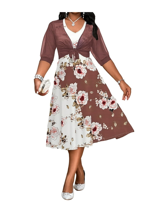 Women's Plus Size A-Line Dress - Fuchsia Short Sleeve Floral Print, Summer Casual & Party Wear 1X-5X