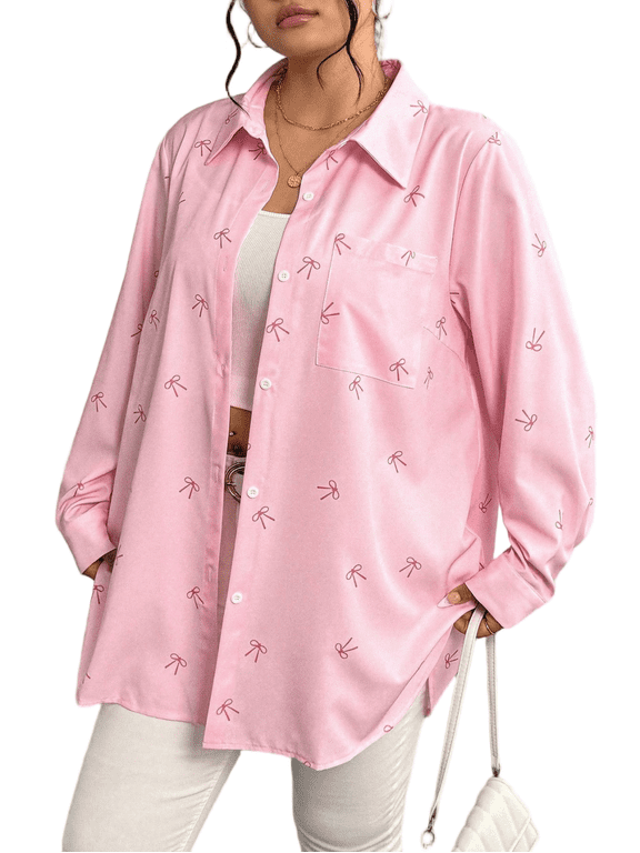 Women's Plus Size Bow Print Oversized Boyfriend Shirt Fall Spring Long Sleeve Turn-Down Collar Casual Button Down Blouse 1X-4X