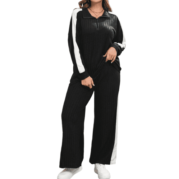 Cuteduck Women's Plus Size Fall Casual Half Zipper Collar 2-Piece Outfit Set Long Sleeve Wide Leg Pants Pajamas Set Pullover Breathable Lightweight Loungewear 1X-4X