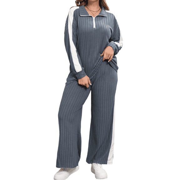 Cuteduck Women's Plus Size Fall Casual Half Zipper Collar 2-Piece Outfit Set Long Sleeve Wide Leg Pants Pajamas Set Pullover Breathable Lightweight Loungewear 1X-4X