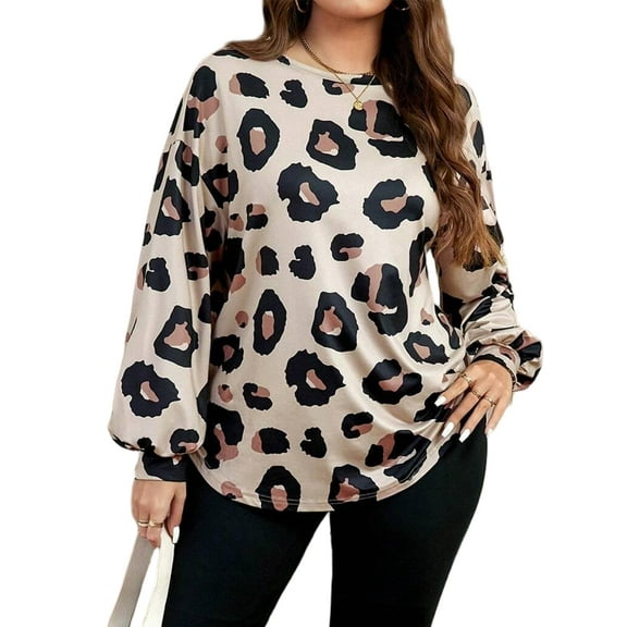 Cuteduck Women's Plus Size Casual Leopard Print Top Crew Neck Long Sleeve Trendy Breathable Loose Tunic 1X-4X