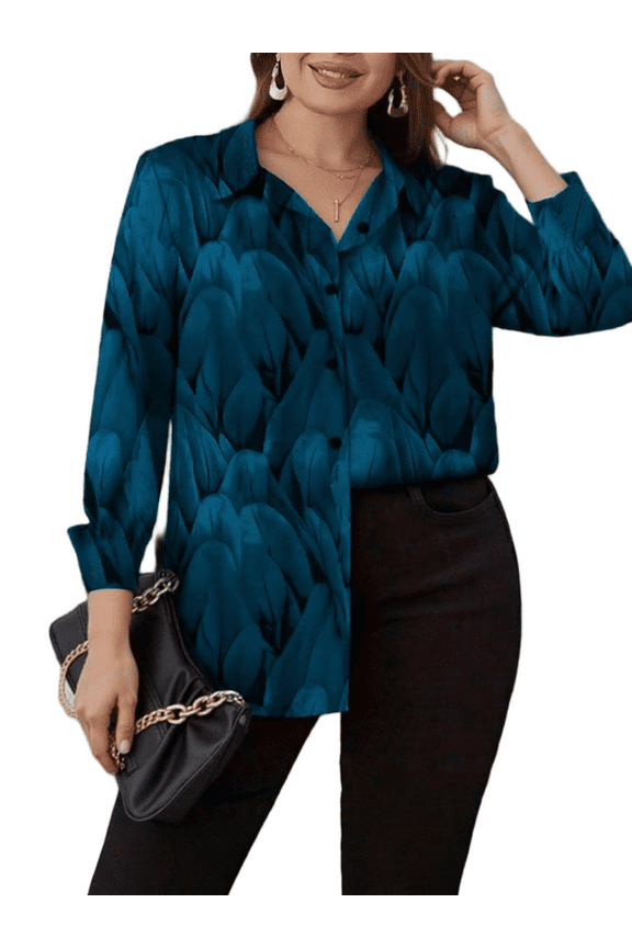 Women Plus Size Floral Printed Button Down Shirt Lapel Long Sleeve Fall Casual Lightweight Boho Dressy Top 1X-5X