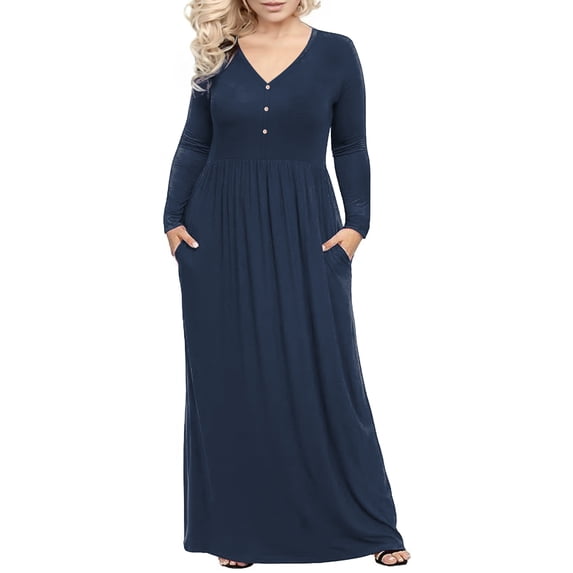 Cuteduck Women's Plus Size Casual Long Sleeve Dress V neck Loose Maxi Dress with Pockets 2XL-5XL