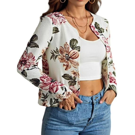 Cuteduck Women's Plus Size Cropped Cardigan Floral Printed Long Sleeve Lightweight Open Front Short Shrugs 1X-4X