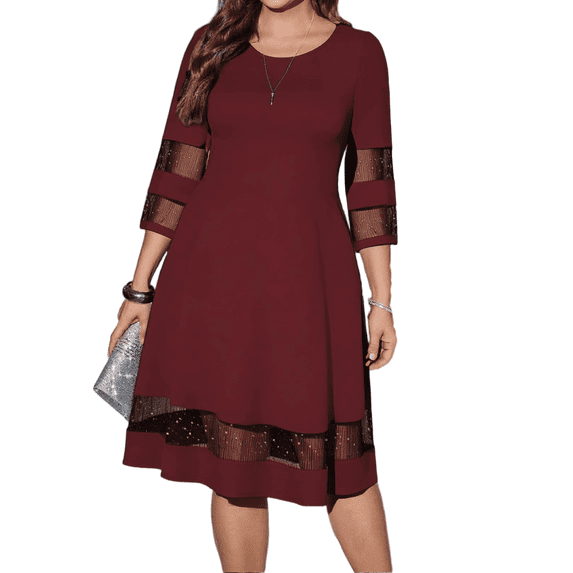Cuteduck Women's Plus Dresses Spring Summer 3/4 Sleeve Round Neck A-Line Elegant Color Block Midi Dress 1X-5X