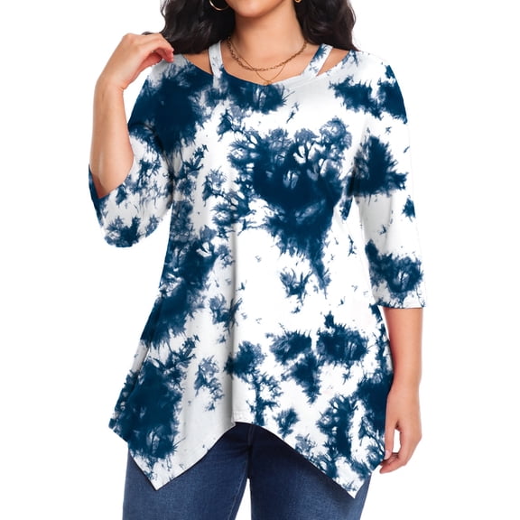 Cuteduck Plus Size Shirts for Women 3/4 Sleeve Tops Casual Spring V-Neck Cut Out Dressy Lightweight Loose Tunic Top 1X-5X