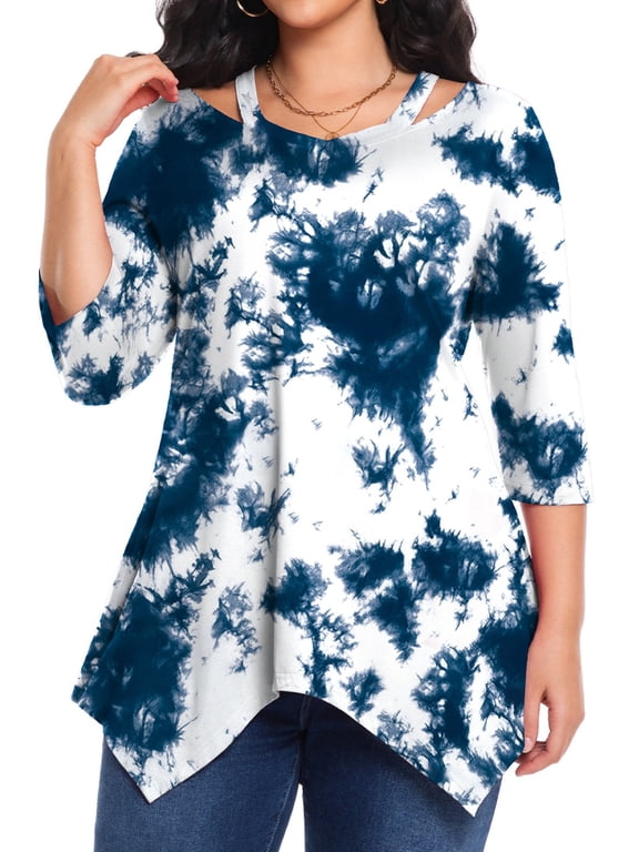 Plus Size Shirts for Women 3/4 Sleeve Tops Casual Spring V-Neck Cut Out Dressy Lightweight Loose Tunic Top 1X-5X