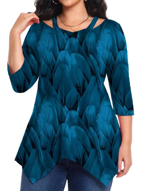 Plus Size Shirts for Women 3/4 Sleeve Tops Casual Spring V-Neck Cut Out Dressy Lightweight Loose Tunic Top 1X-5X