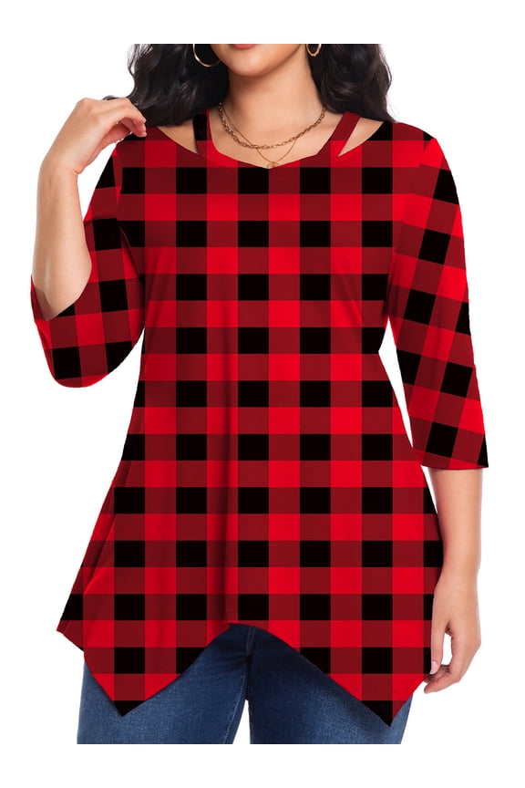 Women's Plus Size Fall Printed 3/4 Sleeve Tunic Casual V-Neck Lightweight Dressy Blouse Loose Casual Top 1X-5X