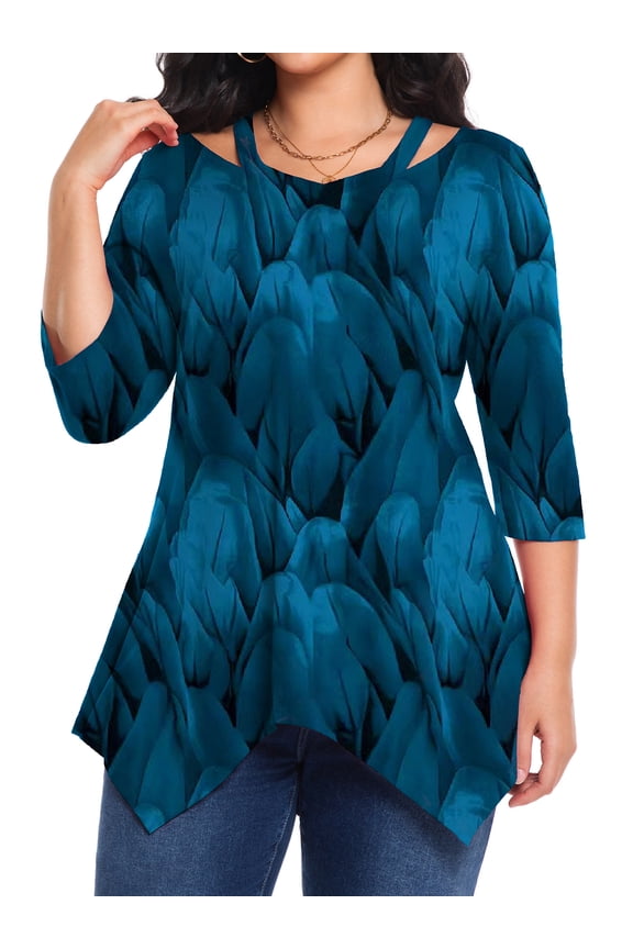 Women's Plus Size Fall Printed 3/4 Sleeve Tunic Casual V-Neck Lightweight Dressy Blouse Loose Casual Top 1X-5X