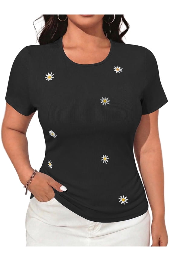 Women's Plus Shirts Slim Fit Short Sleeve Crop Top Crew Neck Daisy Embroidery Casual Tops Summer Basic Tees for Women M-3X