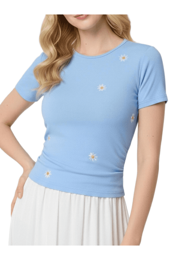 Women's Plus Size Daisy Embroidery Crop Tops Summer Short Sleeve Round Neck Cute Casual Blouses for Women S-3XL
