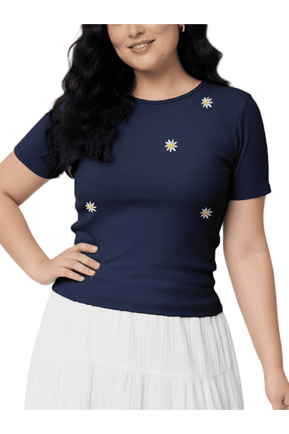 Women's Plus Size Shirts Slim Fit Short Sleeve Crop Top Crew Neck Daisy Embroidery Casual Tops Summer Basic Tees for Women S-3XL