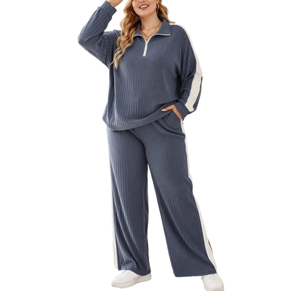 Cuteduck Women's Plus Size Fall Casual Half Zipper Collar 2-Piece Outfit Set Long Sleeve Wide Leg Pants Pajamas Set Pullover Breathable Lightweight Loungewear 1X-4X