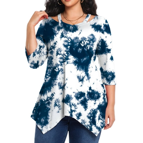 Cuteduck Women's Plus Size Fall Printed 3/4 Sleeve Tunic Casual V-Neck Lightweight Dressy Blouse Loose Casual Top 1X-5X