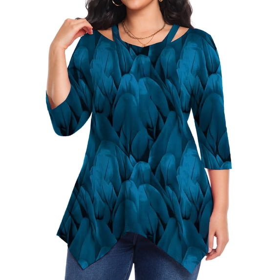 Cuteduck Women's Plus Size Fall Printed 3/4 Sleeve Tunic Casual V-Neck Lightweight Dressy Blouse Loose Casual Top 1X-5X