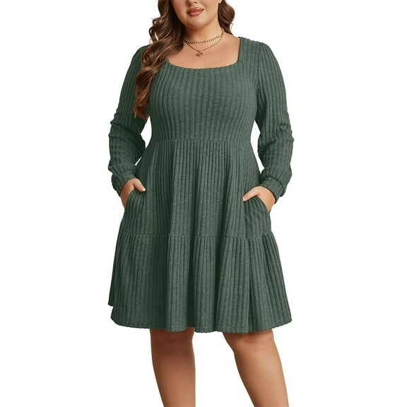 Cuteduck Women's Plus Size Fall Sweater Dress Long Sleeve Babydoll Dresses with Pocket, 1X-5X