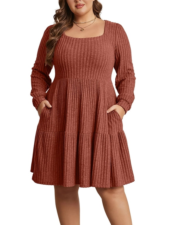 Women's Plus Size Fall Sweater Dress Long Sleeve Babydoll Dresses with Pocket, 1X-5X