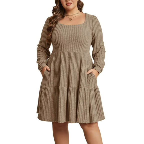 Cuteduck Women's Plus Size Fall Sweater Dress Long Sleeve Babydoll Dresses with Pocket, 1X-5X