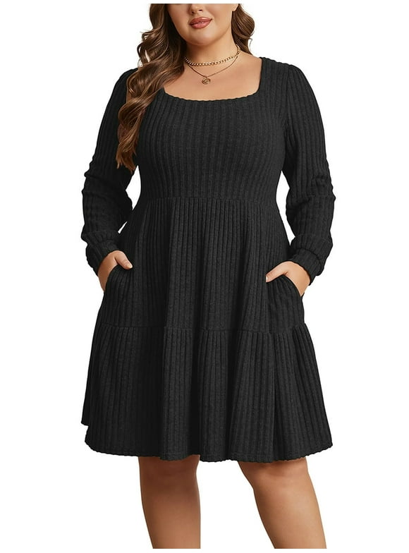 Women's Plus Size Fall Sweater Dress Long Sleeve Babydoll Dresses with Pocket, 1X-5X